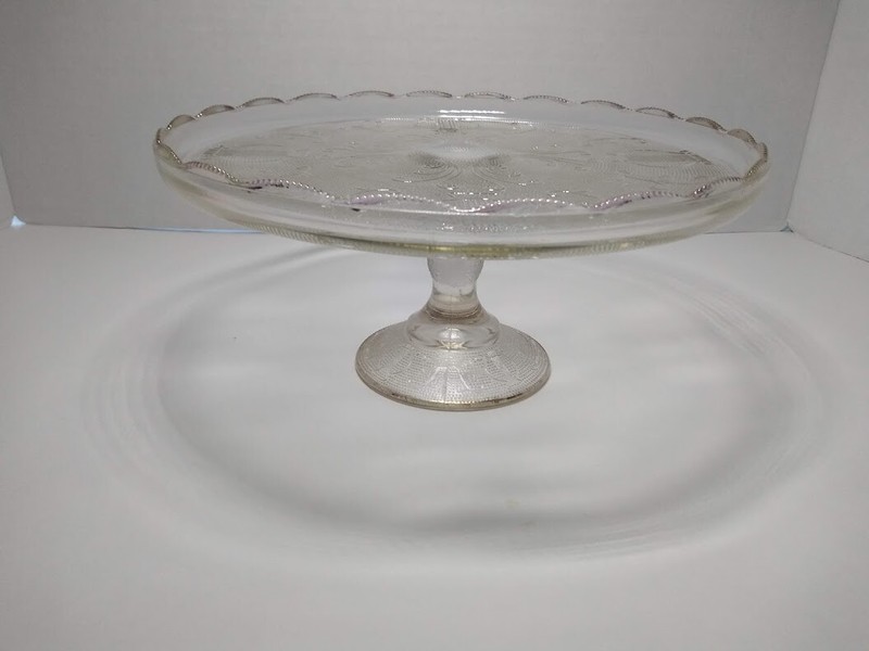 Vintage CAKE PEDESTAL PLATE Jeanette Glass HARP Scalloped Gold Rim