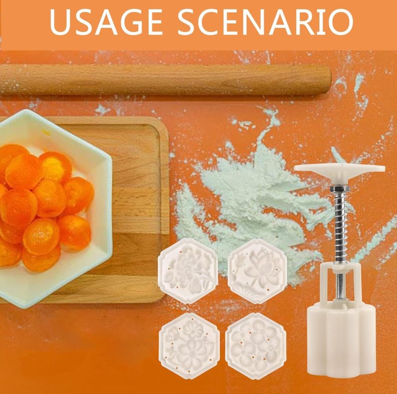 Hexagonal Flower Chinese Moon Cake Press Mold Hand Pressed 4 Stamps DIY Pastry gallery