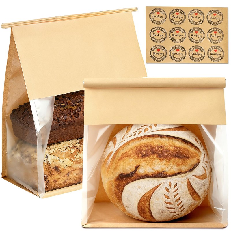 50 PCS 12.2×10.6×6.1 Inch Extra Large Paper Bread Bags Window Bakery Loaf