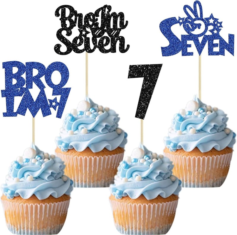 24Pcs Bro I’m 7 Cupcake Toppers Glitter Boy 7th Birthday Cupcake Pick