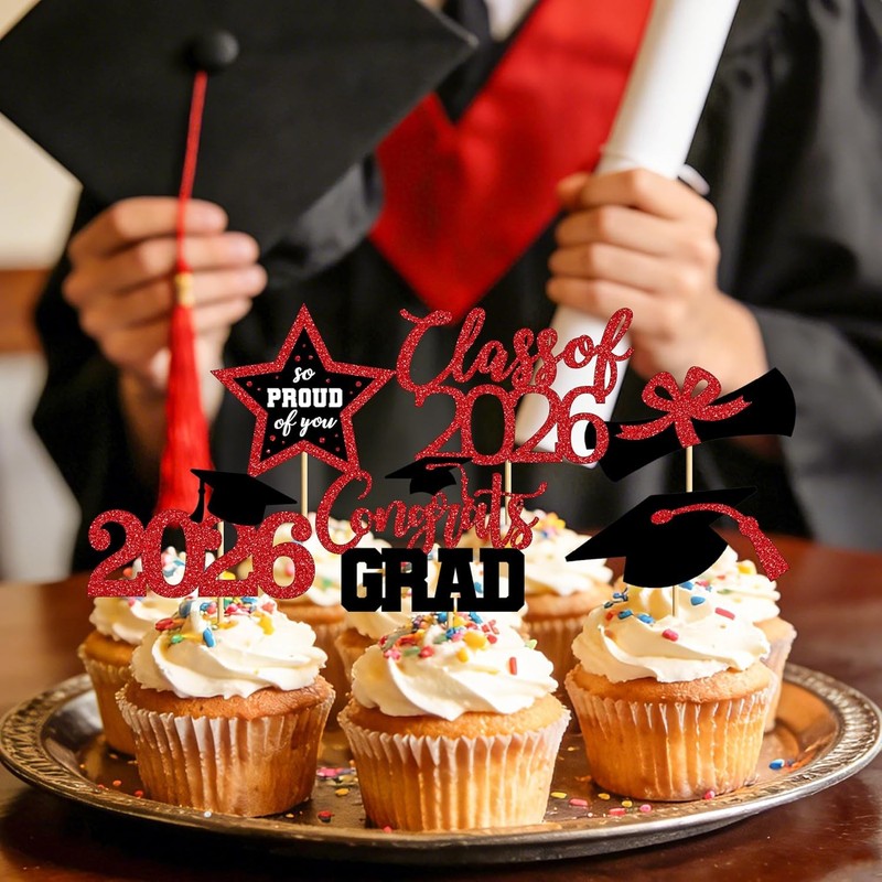 48 PCS Graduation Cupcake Toppers, Glittery 6 Styles Congrats Grad Cake Topper, gallery