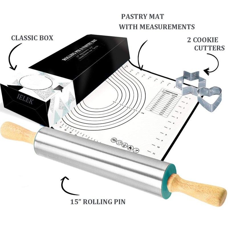 Nonstick Rolling Pin Silicone Baking Pastry Mat Combo Kit Dough Roller Pizza gallery