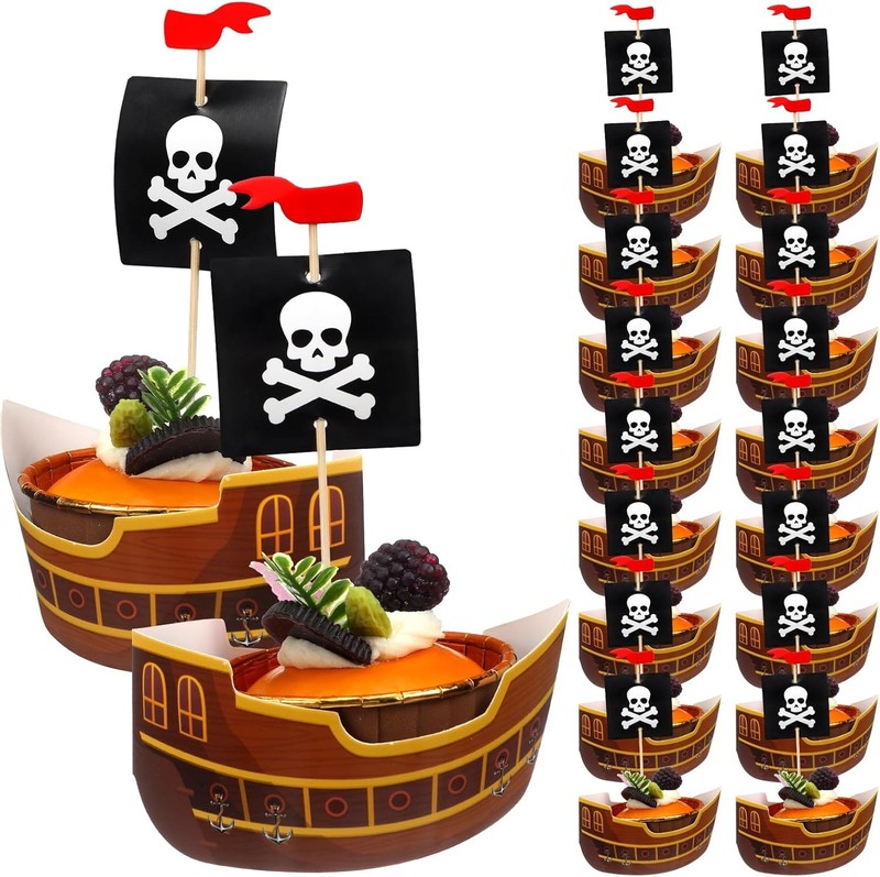 72 Pcs Pirate Ship Cupcake Toppers Skull Cap Cupcake Picks Pirate Halloween