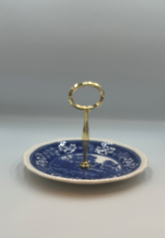 Ceramic White and Blue Single Cake Stand Small With Gold Handle Made in England