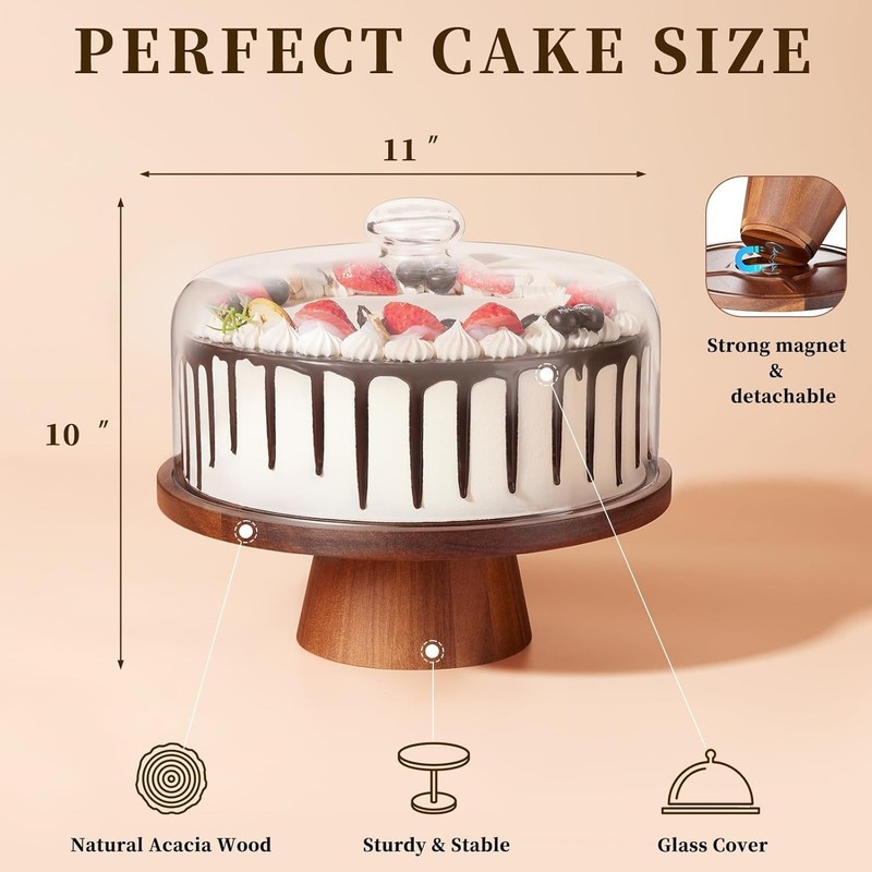 11-Inch Removable Glass Dome Acacia Cake Stand – Centerpiece for Any Occasion gallery