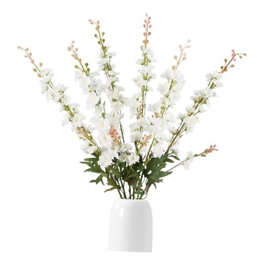 6 PCS Delphinium Artificial Flowers, Long Stem Artificial Flowers with White