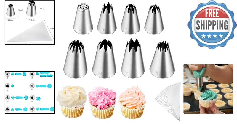 8-Piece Cake Decorating Tips Set – Stainless Steel with 10 Pastry Bags Included gallery