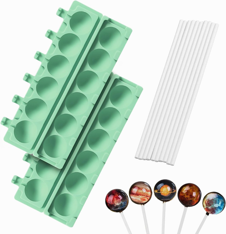 QELEG 2Pcs Silicone Lollipop Molds with 100 Paper Sticks, 6-Capacity 3D round Ha