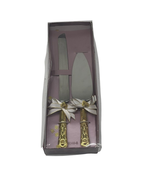 Hortense B. Hewitt Gold Handled Knife Server Set Wedding Cake Server New