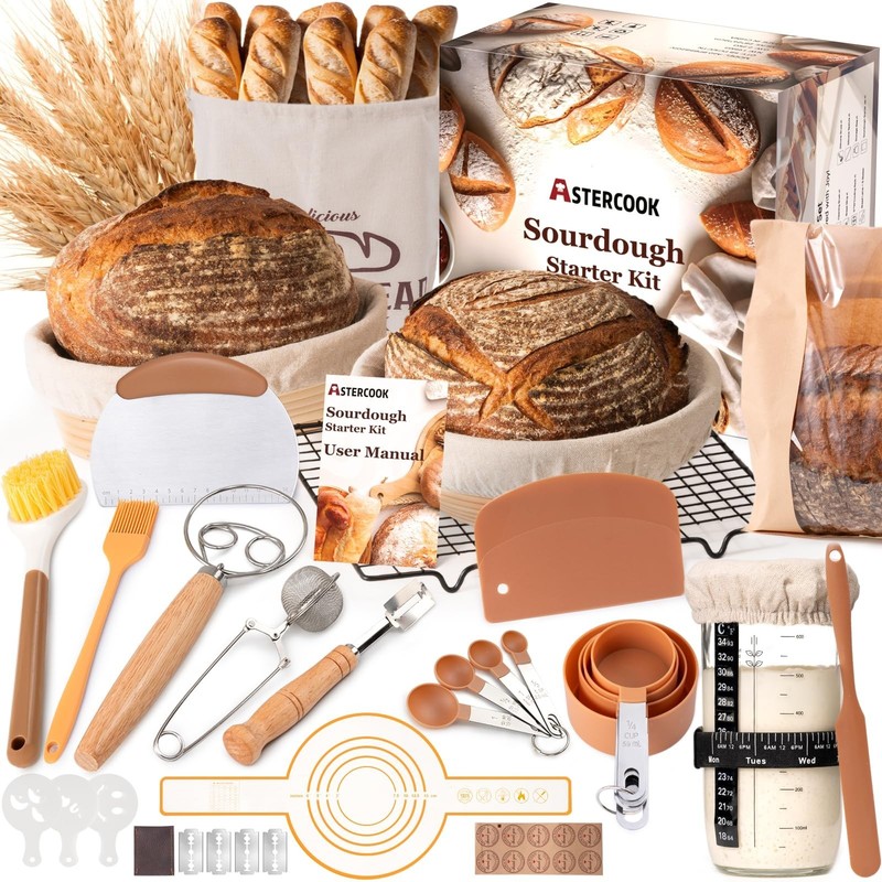 Sourdough Starter Kit – Round & Oval Banneton, Proofing Basket, Jar, Whisk, Scra