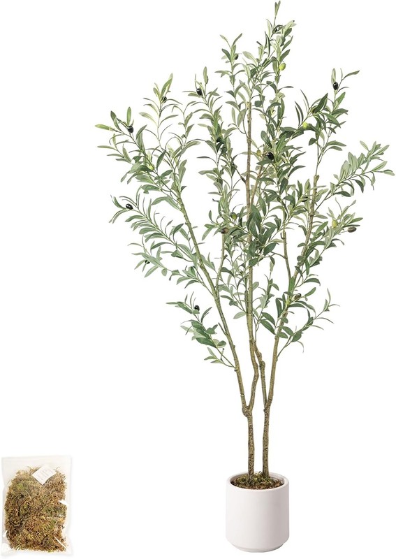 Artificial Fake Olive Tree 5FT Tall 1Pa with White Planter Faux Silk