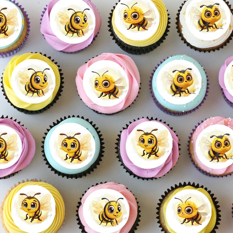 Bee Cute Bees Pre-cut Mini Edible Icing Cupcake or Cookie Toppers