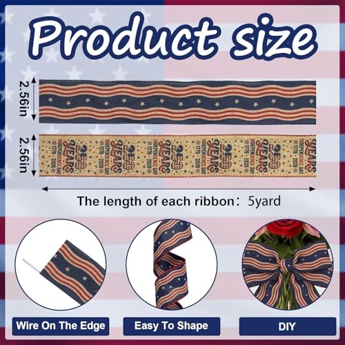 Threetols 2 Rolls 10 Yards 250th Anniversary USA Patriotic Wired Edge linen gallery