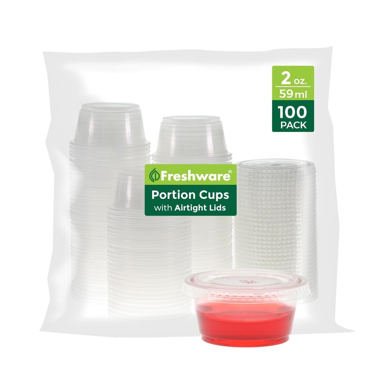 Freshware Plastic Portion Cups with Lids [2 Ounce, 100 Sets] Disposable Plast...
