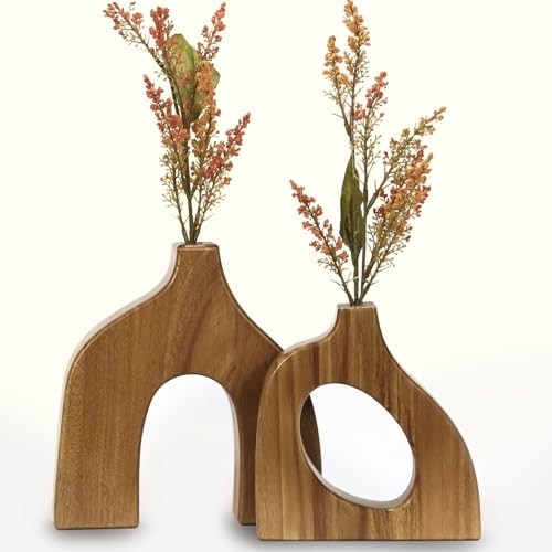 Wooden Vases for Decor Set of 2 - Small Decorative Wood Vase for Faux Flowers gallery
