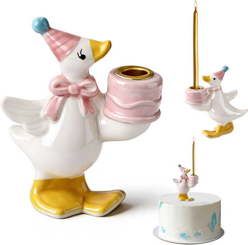 Silly Goose Cake Candle Holder, Mini 3.1″ Tall, Hand Painted Ceramic Goose Cake