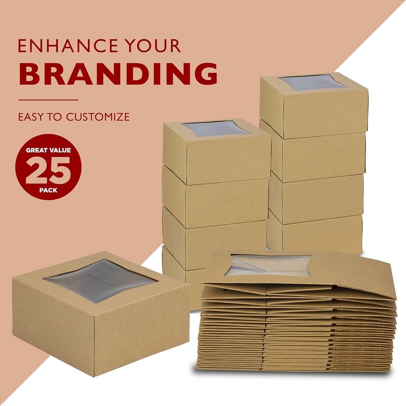 Cookie Boxes with Window, 6x6x3in Brown Bakery Boxes for Treats, Small Cake, ... gallery