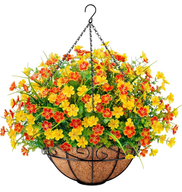 Ouddy Decor Artificial Hanging Flowers Basket Faux Silk Flowers In Coconut
