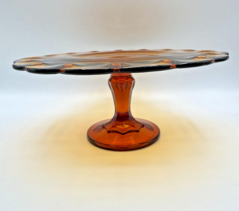 VTG Indiana Glass Amber Teardrop Pattern Scalloped Edge Pedestal Cake Stand gallery