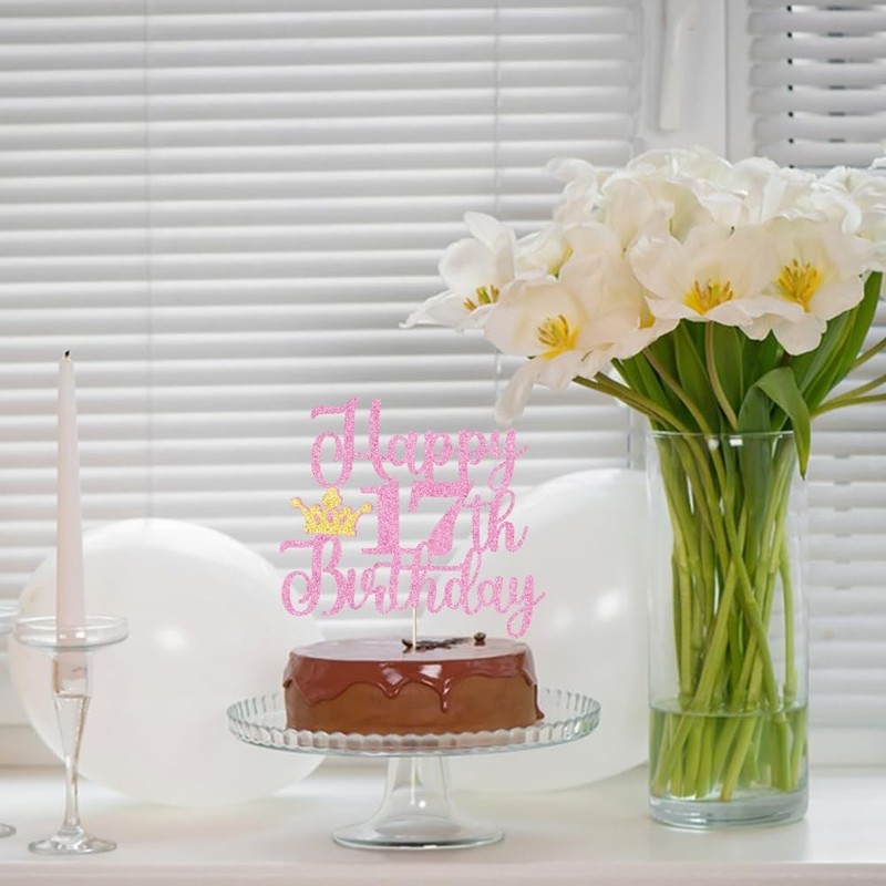 Crown Happy 17th Birthday Cake Topper,Hello 17，Cheers to 17Years,17 years old gallery
