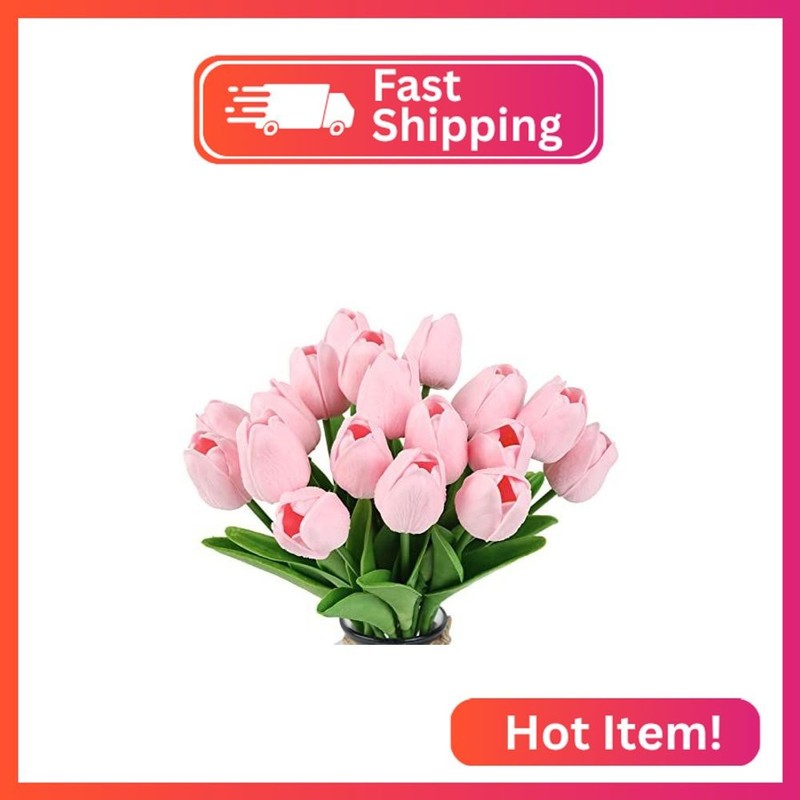 IPOPU 24PCS Pink Tulips Artificial Flowers for Decoration Fake Tulips Fake Pink