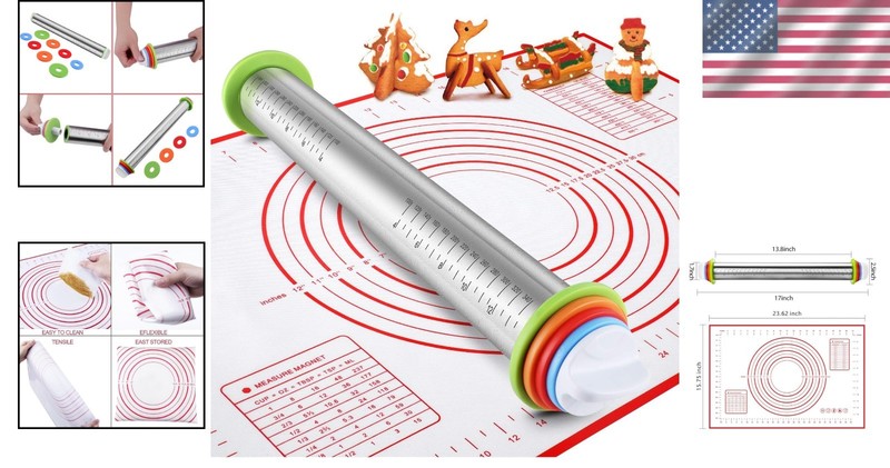 Stainless Steel Rolling Pin and Silicone Mat Set Baking Pastry Dough Pizza gallery