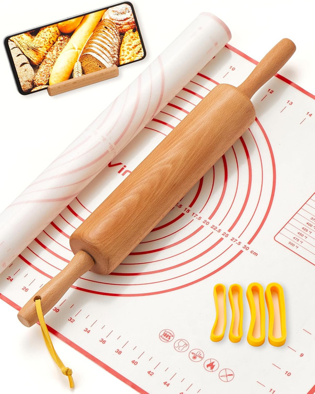 Classic Wood Rolling Pin, 17" Rolling Pins for Baking with Silicone Mat and Adju gallery