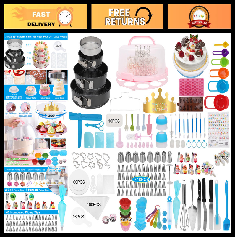 Ultimate Cake Decorating Kit – 748 Pcs Supplies, Turntable, Pans, Tips & More!