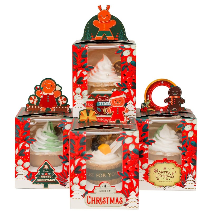 25 PCS Christmas Individual Cupcake Boxes Window 3.7×3.7×4.5 Inch Treat Box