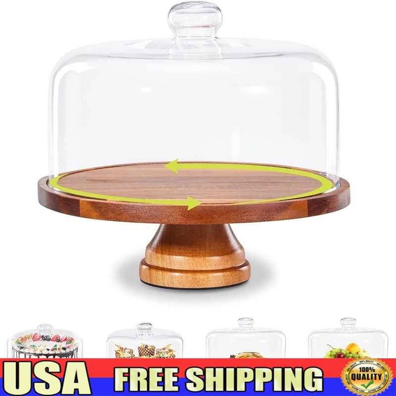 Rotating Wooden Cake Stand W/ Glass Dome Lid Parties Desserts & Events New