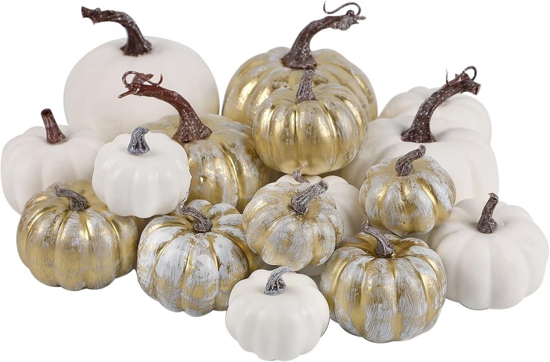 16 Pcs Golden and White Pumpkins Thanksgiving Pumpkin Decorats
