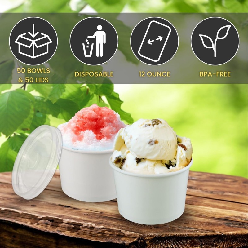 Ice Cream Cups with Lids, 50 Count, White Paper Dessert Bowls, 8 oz gallery