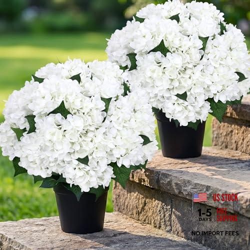 White Faux Hydrangeas Pre-Made Artificial Flowers – 2 Pack for Outdoor Use