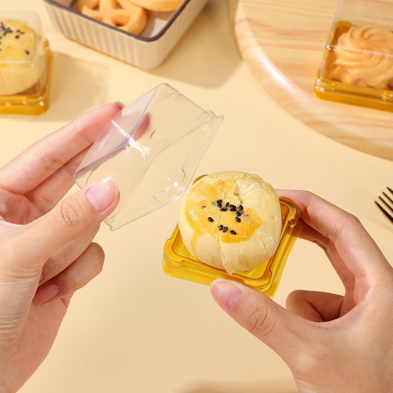 50 PCS Gold Plastic Square Mooncake Boxes Small Clear Container 2.16x1.85x1.57In gallery