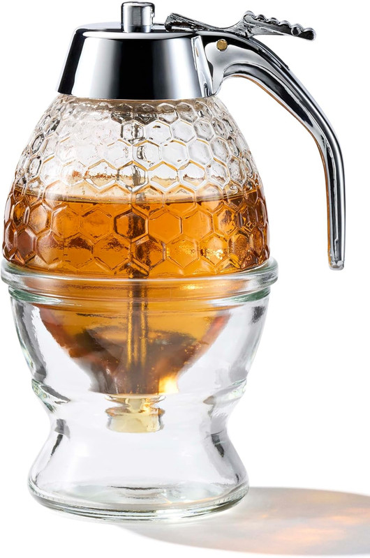 Stainless Steel Shaft Glass Honey Dispenser - No Drip Honeycomb Jar with Stand, gallery