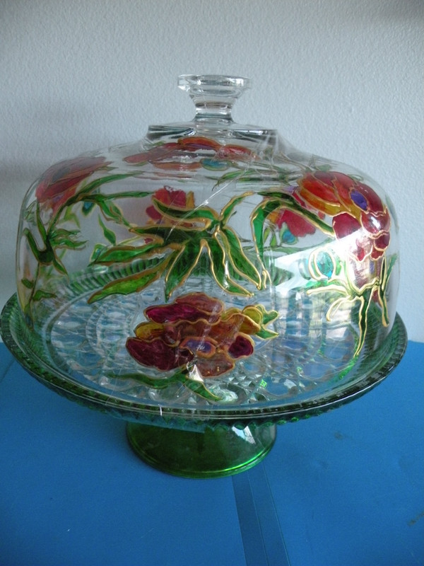 Glass Cake Pedestal Dome Stand With Hand Painted Flowers stain glass look 10″t H