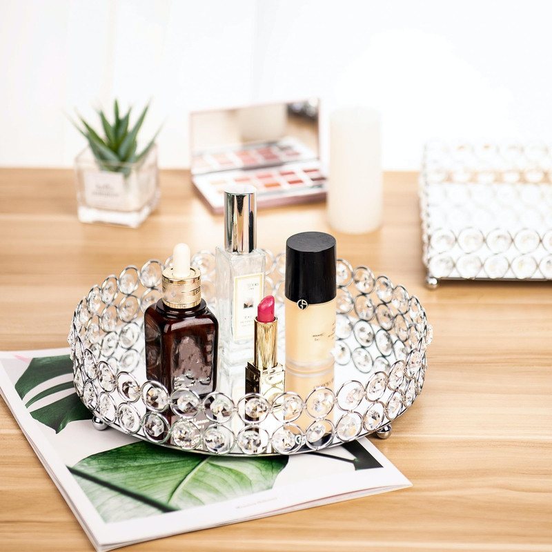 Feyarl Crystal Perfume Tray Cosmetic Makeup Vanity Jewelry 10.6", Silver gallery