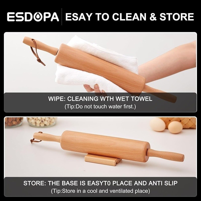 Wooden Rolling Pin W/ Handles Pastry Mat Stand Baking Dough Roller Kitchen Tool gallery