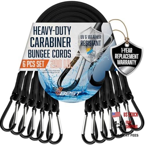Strong Black Bungee Cords – Heavy Duty Outdoor – UV & Weather Resistant – 6 Pack