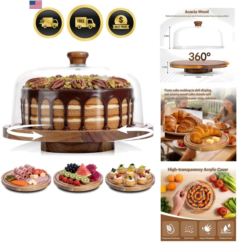 Acacia Wood Cake Stand with Lid, 12in Wooden Cake Stand with Acrylic Dome, Ca…