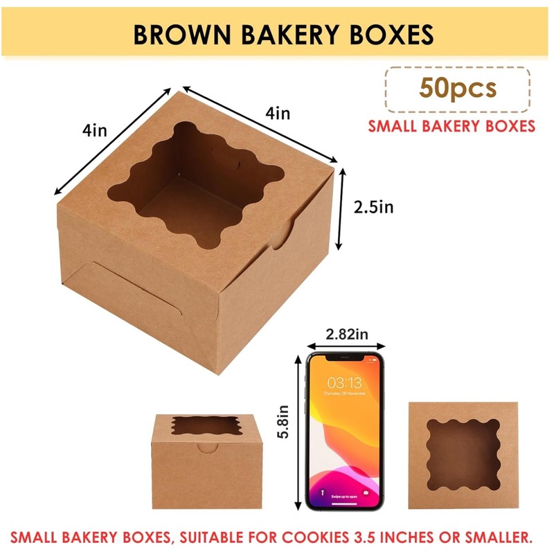 50pcs Brown Cookie Boxes – 4x4x2.5 Inches, Bakery Packaging