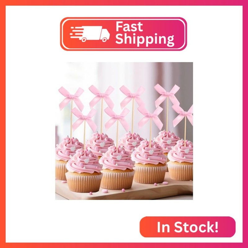 24 Pcs Pink Bow Cupcake Toppers Bow Birthday Decorations for Girls Women Baby Sh