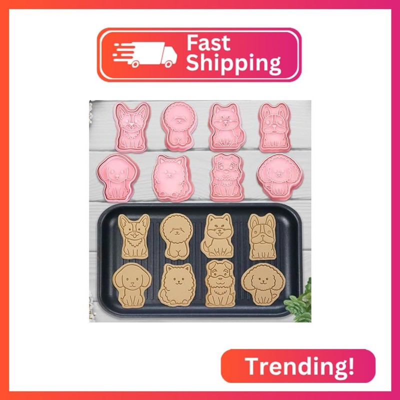 8 Dog Cookie Cutters Set, 3D Puppy Cookie Stamps, Cupcake Pancake Apple Pie Past