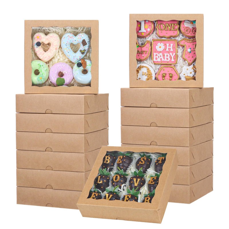 15pcs 8x8x2 Inch Brown Bakery Boxes with Window – Christmas Cookies/Cakesicle…