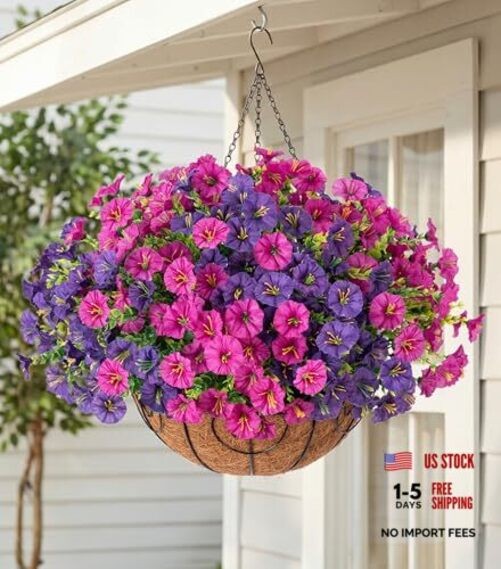 Artificial Fake Hanging Flowers Plants Baskets for 12 Bundles B Purplefuchsia