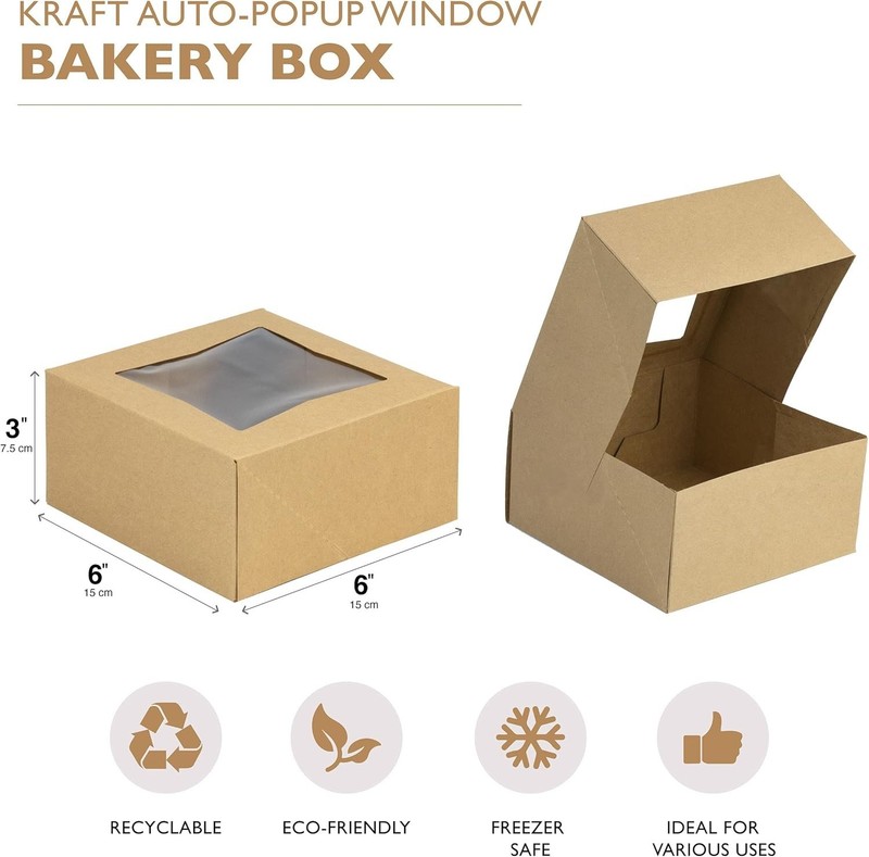 Cookie Boxes with Window, 6x6x3in Brown Bakery Boxes for Treats, Small Cake, ... gallery