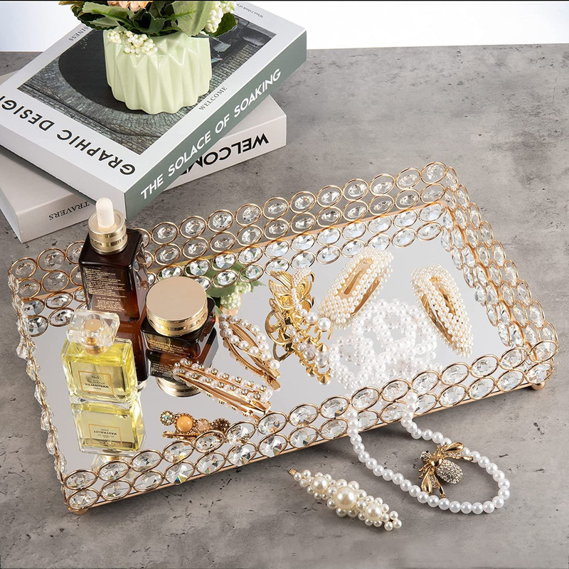 Feyarl Large Crystal Rectangle Mirrored Tray Cosmetic Vanity Gold gallery