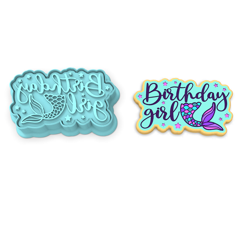 Birthday Girl Mermaid Cookie Cutter & Stamp | Ocean Sea Waves Scales Scale Tail