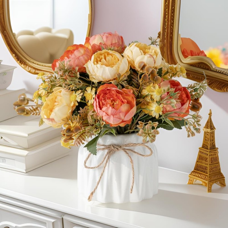 Hbluefat Faux Flowers Vaseartificial Silk Flowers In Ceramic Vasesmall Fake gallery