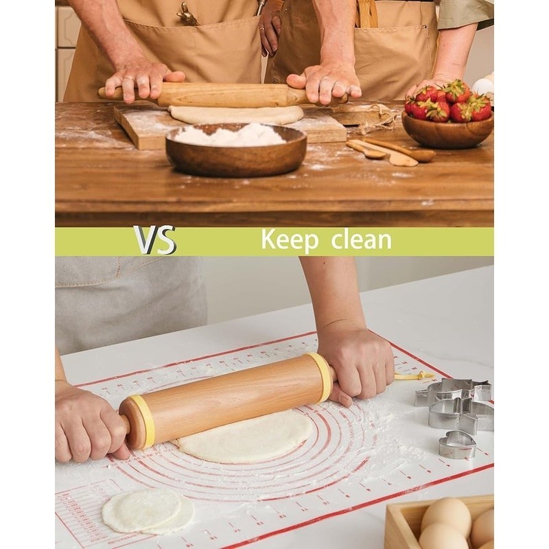 Beech Wood Rolling Pin Set Adjustable Thickness Rings Silicone Pastry Mat Stand gallery